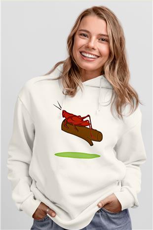 Çekirge Baskılı Beyaz Unisex Hoodie