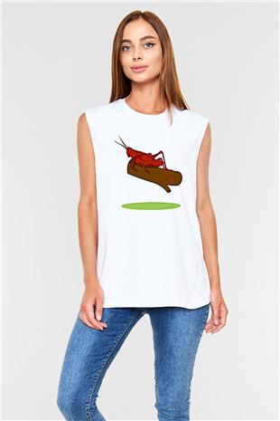 Çekirge Baskılı Beyaz Unisex Kolsuz Tişört - Tshirt