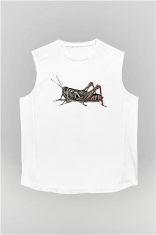 Çekirge Baskılı Beyaz Unisex Kolsuz Tişört - Tshirt
