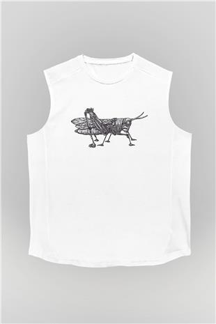 Çekirge Baskılı Beyaz Unisex Kolsuz Tişört - Tshirt