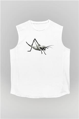 Çekirge Baskılı Beyaz Unisex Kolsuz Tişört - Tshirt