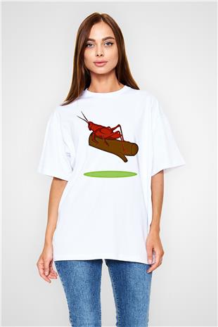 Çekirge Baskılı Beyaz Unisex Oversize Tişört - Tshirt