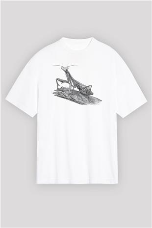 Çekirge Baskılı Beyaz Unisex Oversize Tişört - Tshirt
