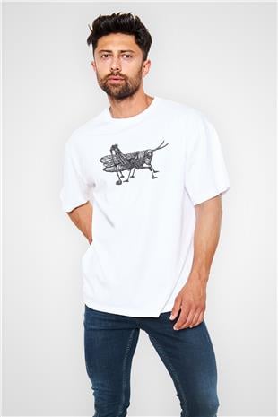 Çekirge Baskılı Beyaz Unisex Oversize Tişört - Tshirt