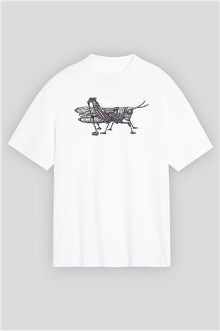 Çekirge Baskılı Beyaz Unisex Oversize Tişört - Tshirt