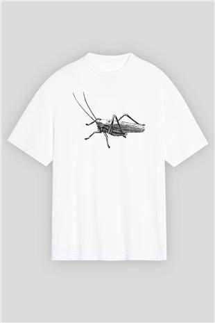 Çekirge Baskılı Beyaz Unisex Oversize Tişört - Tshirt