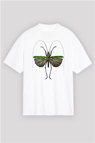 Çekirge Baskılı Beyaz Unisex Oversize Tişört - Tshirt