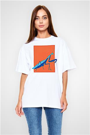 Çekirge Baskılı Beyaz Unisex Oversize Tişört - Tshirt