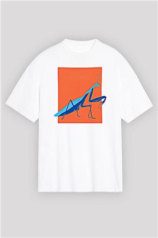 Çekirge Baskılı Beyaz Unisex Oversize Tişört - Tshirt