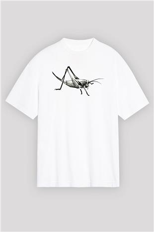 Çekirge Baskılı Beyaz Unisex Oversize Tişört - Tshirt
