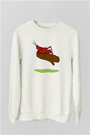 Çekirge Baskılı Beyaz Unisex Sweatshirt