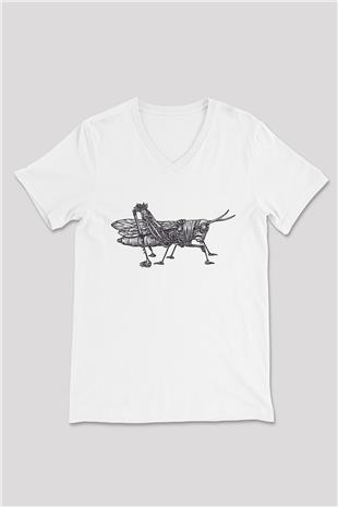 Çekirge Baskılı Beyaz Unisex V Yaka Tişört - Tshirt