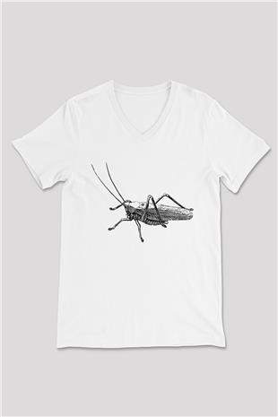 Çekirge Baskılı Beyaz Unisex V Yaka Tişört - Tshirt