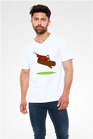 Çekirge Baskılı Beyaz Unisex V Yaka Tişört - Tshirt
