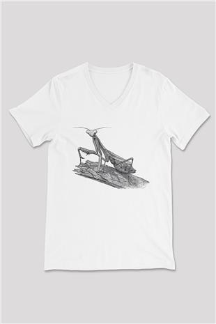 Çekirge Baskılı Beyaz Unisex V Yaka Tişört - Tshirt