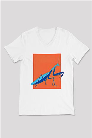 Çekirge Baskılı Beyaz Unisex V Yaka Tişört - Tshirt