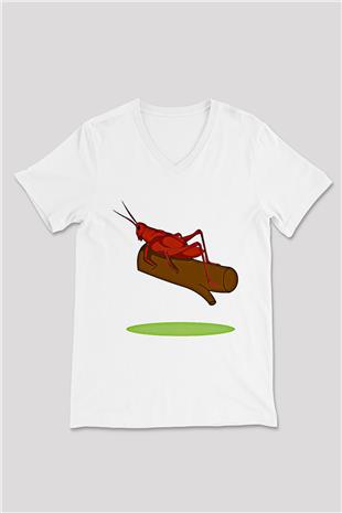 Çekirge Baskılı Beyaz Unisex V Yaka Tişört - Tshirt
