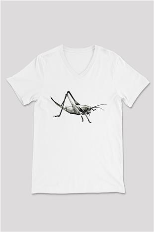 Çekirge Baskılı Beyaz Unisex V Yaka Tişört - Tshirt