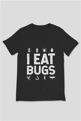 Çekirge Baskılı Unisex Siyah V Yaka Tişört - Tshirt