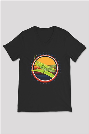 Çekirge Baskılı Unisex Siyah V Yaka Tişört - Tshirt