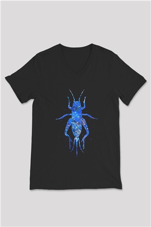 Çekirge Baskılı Unisex Siyah V Yaka Tişört - Tshirt