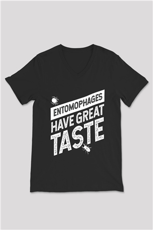 Çekirge Baskılı Unisex Siyah V Yaka Tişört - Tshirt