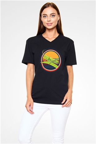 Çekirge Baskılı Unisex Siyah V Yaka Tişört - Tshirt