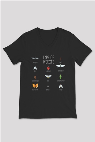 Çekirge Baskılı Unisex Siyah V Yaka Tişört - Tshirt
