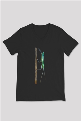 Çekirge Baskılı Unisex Siyah V Yaka Tişört - Tshirt