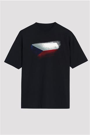 Çekya - Czechia - Czech Republic Bayrağı Baskılı Unisex Siyah Oversize Tişört