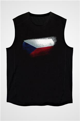 Çekya - Czechia - Czech Republic Bayrağı Baskılı Unisex Siyah Kolsuz Tişört