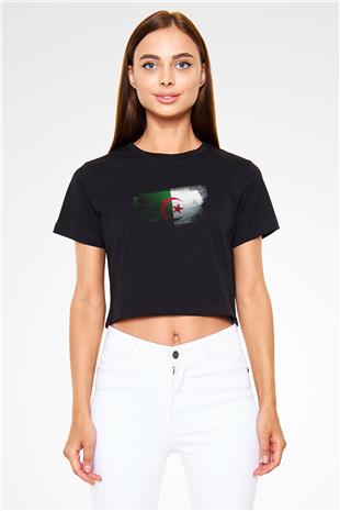 Cezayir - Algeria Bayrağı Baskılı Kadın Crop Top Siyah Tişört