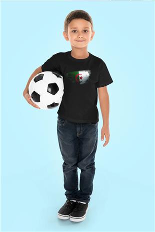 Cezayir - Algeria Bayrağı Baskılı Unisex Siyah Çocuk Tişörtü