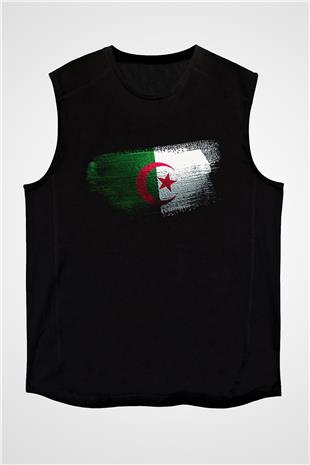 Cezayir - Algeria Bayrağı Baskılı Unisex Siyah Kolsuz Tişört