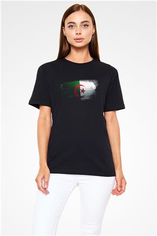 Cezayir - Algeria Bayrağı Baskılı Unisex Siyah Tişört
