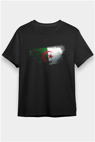 Cezayir - Algeria Bayrağı Baskılı Unisex Siyah Tişört