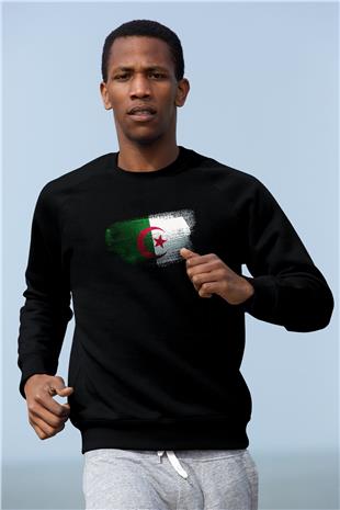 Cezayir - Algeria Bayrağı Baskılı Unisex Siyah Sweatshirt