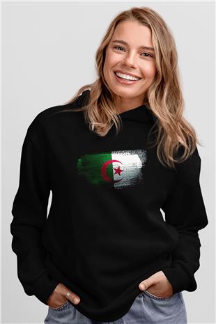 Cezayir - Algeria Bayrağı Baskılı Unisex Siyah Hoodie