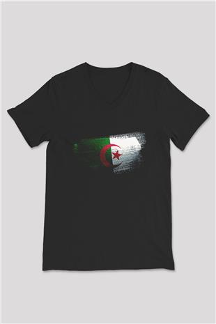 Cezayir - Algeria Bayrağı Baskılı Unisex Siyah V Yaka Tişört