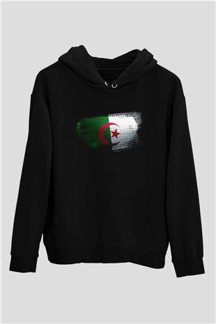 Cezayir - Algeria Bayrağı Baskılı Unisex Siyah Hoodie