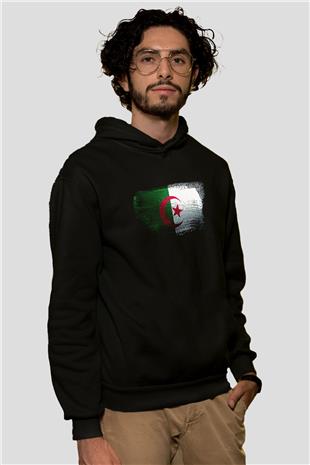 Cezayir - Algeria Bayrağı Baskılı Unisex Siyah Hoodie