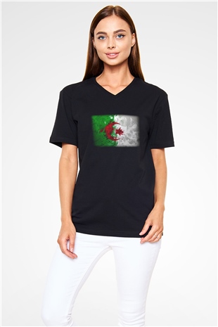 Cezayir Siyah Unisex V Yaka Tişört T-Shirt