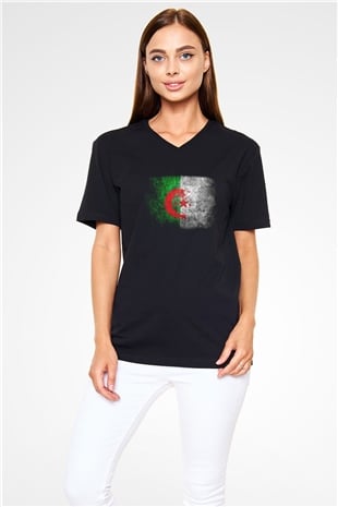 Cezayir Siyah Unisex V Yaka Tişört T-Shirt