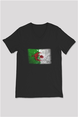 Cezayir Siyah Unisex V Yaka Tişört T-Shirt