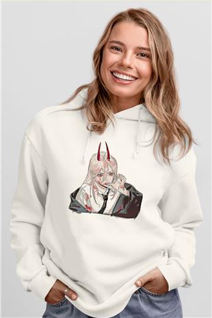 Chainsaw Man Baskılı Beyaz Unisex Hoodie
