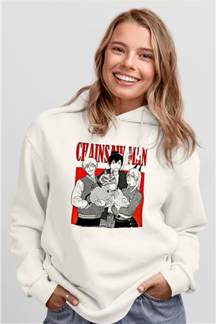 Chainsaw Man Baskılı Beyaz Unisex Hoodie