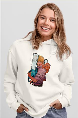 Chainsaw Man Baskılı Beyaz Unisex Hoodie