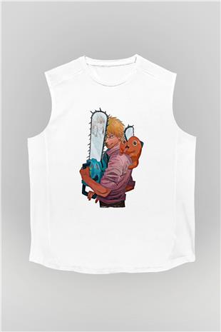Chainsaw Man Baskılı Beyaz Unisex Kolsuz Tişört - Tshirt