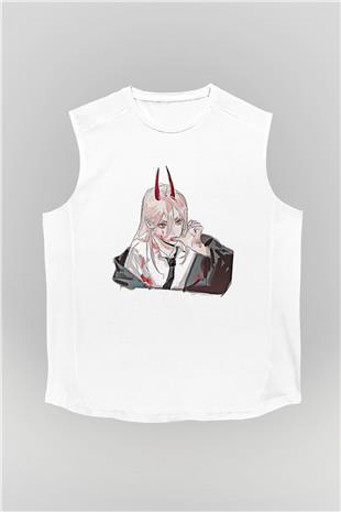 Chainsaw Man Baskılı Beyaz Unisex Kolsuz Tişört - Tshirt