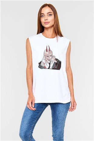 Chainsaw Man Baskılı Beyaz Unisex Kolsuz Tişört - Tshirt